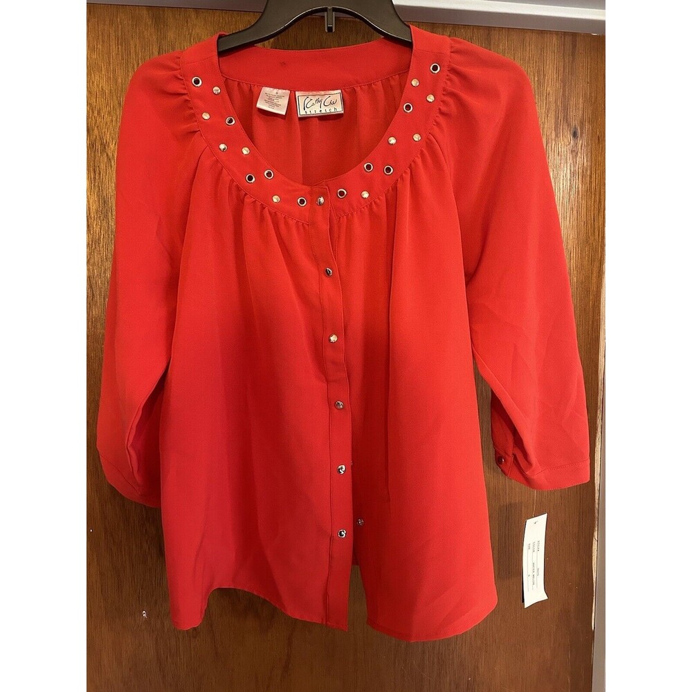 Vtg NWT 90s Kathy Che S Red Retro Button Down Long Sleeve Blouse Silver Bling